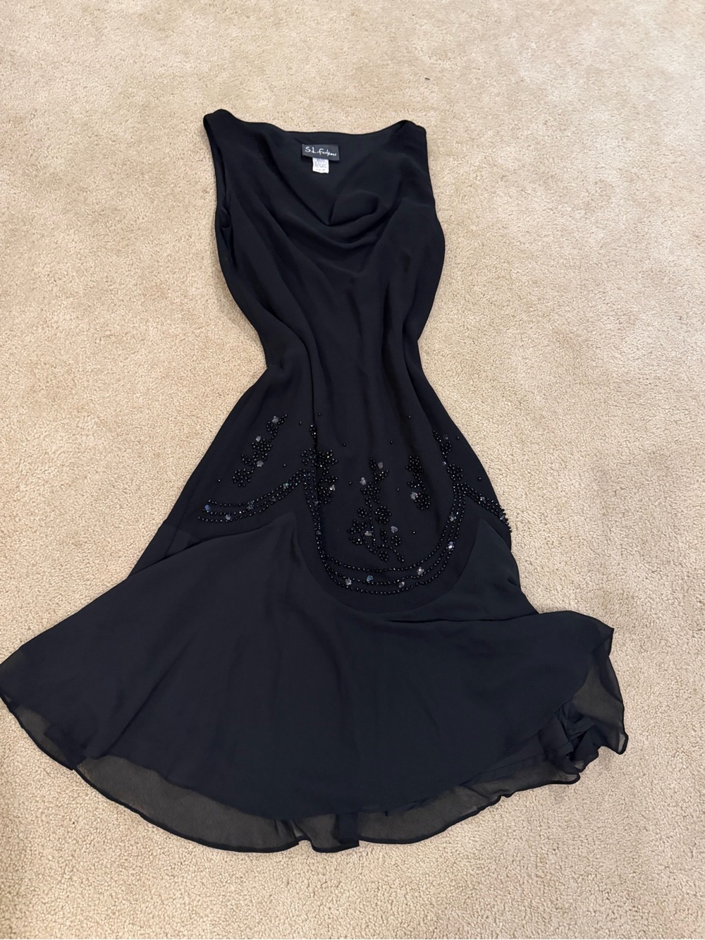 Vintage Y2K S.L. Fashions Black Beaded Whimsigoth Witchy Dress Size 10 Cowl Neck